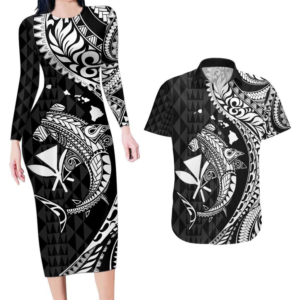 Aloha Hawaii Hammerhead Shark Couples Matching Long Sleeve Bodycon Dress and Hawaiian Shirt Black Kakau and Polynesian Tattoo LT03
