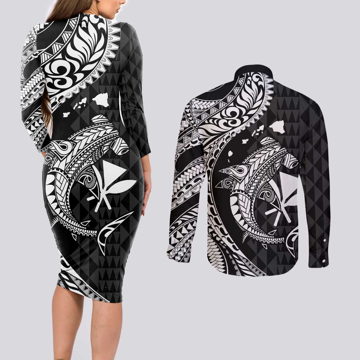 Aloha Hawaii Hammerhead Shark Couples Matching Long Sleeve Bodycon Dress and Long Sleeve Button Shirt Black Kakau and Polynesian Tattoo LT03