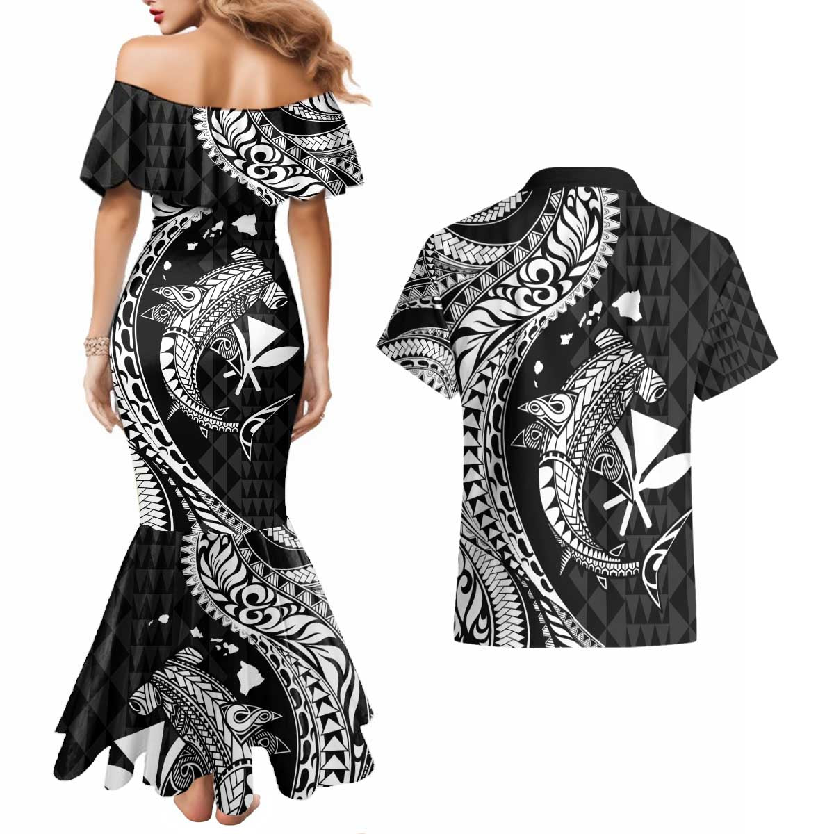 Aloha Hawaii Hammerhead Shark Couples Matching Mermaid Dress and Hawaiian Shirt Black Kakau and Polynesian Tattoo LT03