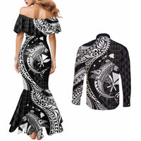Aloha Hawaii Hammerhead Shark Couples Matching Mermaid Dress and Long Sleeve Button Shirt Black Kakau and Polynesian Tattoo LT03