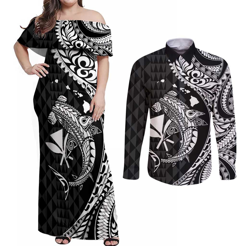 Aloha Hawaii Hammerhead Shark Couples Matching Off Shoulder Maxi Dress and Long Sleeve Button Shirt Black Kakau and Polynesian Tattoo LT03