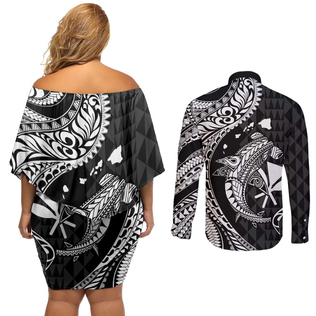 Aloha Hawaii Hammerhead Shark Couples Matching Off Shoulder Short Dress and Long Sleeve Button Shirt Black Kakau and Polynesian Tattoo LT03