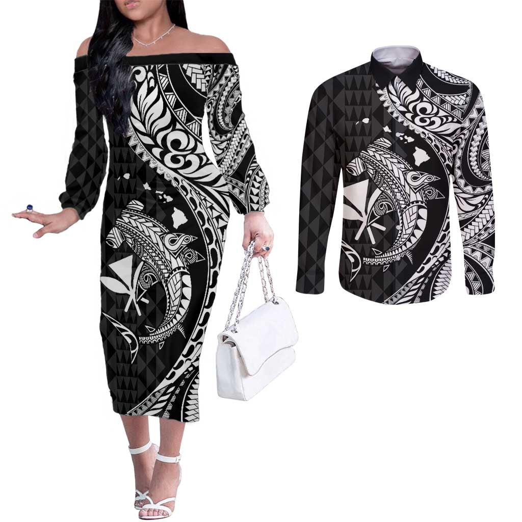 Aloha Hawaii Hammerhead Shark Couples Matching Off The Shoulder Long Sleeve Dress and Long Sleeve Button Shirt Black Kakau and Polynesian Tattoo LT03