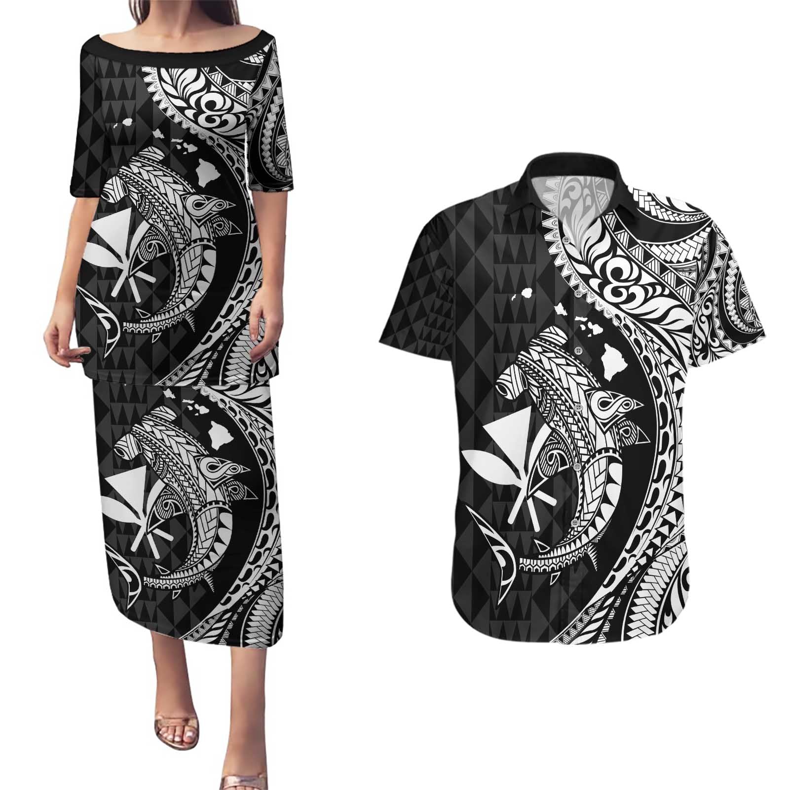 Aloha Hawaii Hammerhead Shark Couples Matching Puletasi and Hawaiian Shirt Black Kakau and Polynesian Tattoo LT03