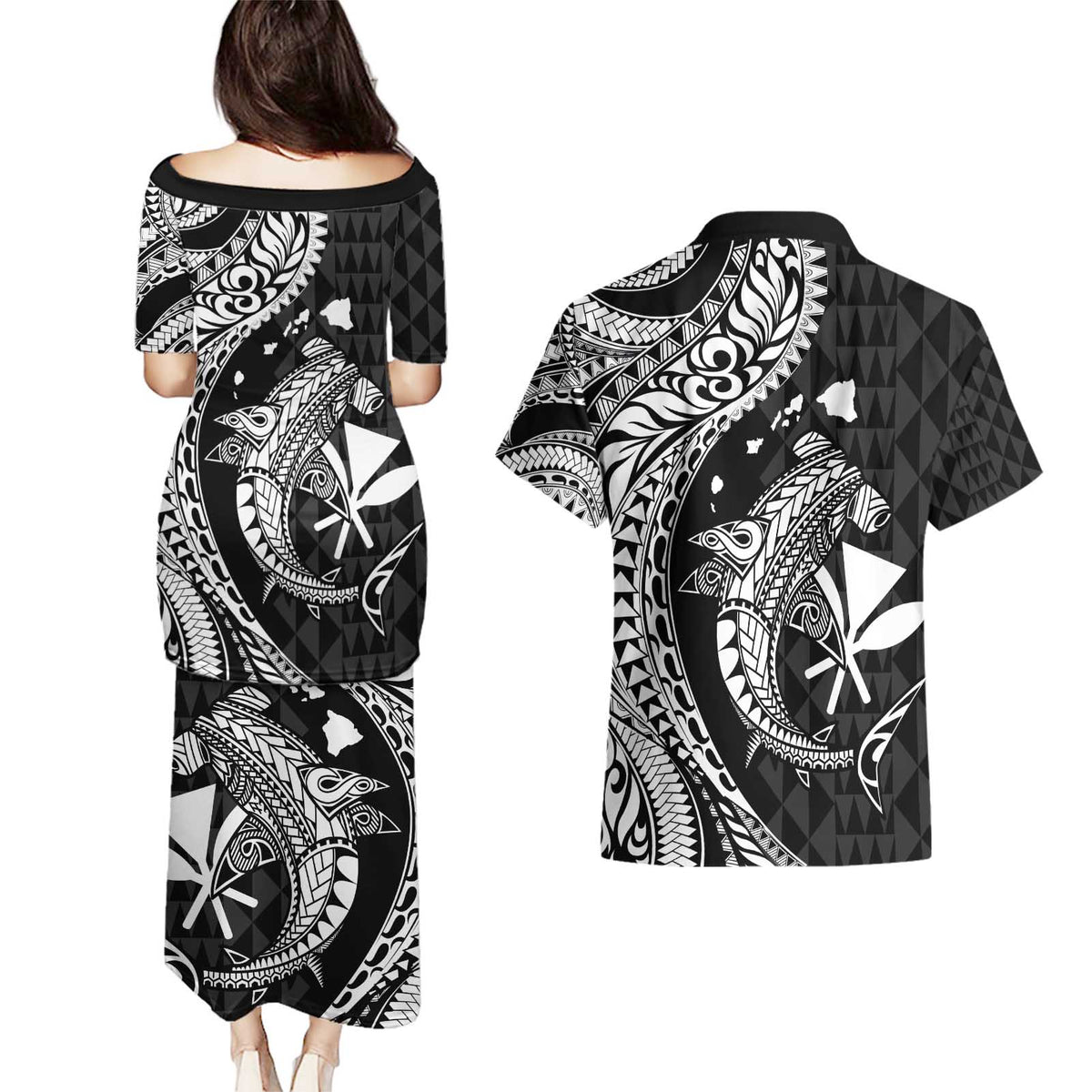 Aloha Hawaii Hammerhead Shark Couples Matching Puletasi and Hawaiian Shirt Black Kakau and Polynesian Tattoo LT03