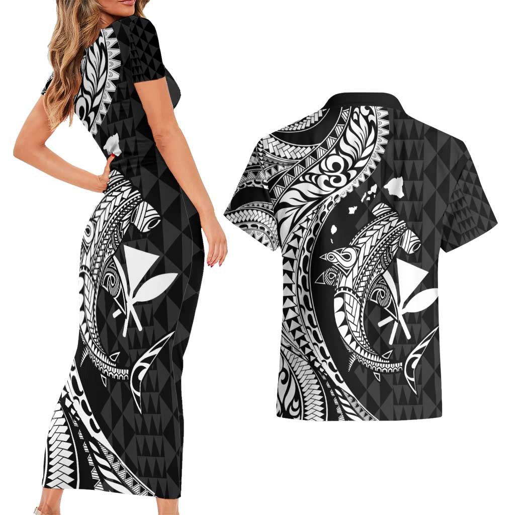 Aloha Hawaii Hammerhead Shark Couples Matching Short Sleeve Bodycon Dress and Hawaiian Shirt Black Kakau and Polynesian Tattoo LT03