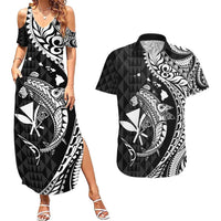 Aloha Hawaii Hammerhead Shark Couples Matching Summer Maxi Dress and Hawaiian Shirt Black Kakau and Polynesian Tattoo LT03