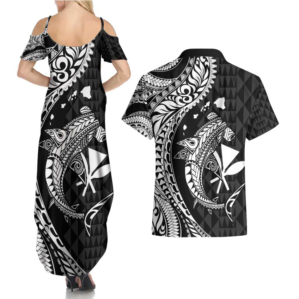 Aloha Hawaii Hammerhead Shark Couples Matching Summer Maxi Dress and Hawaiian Shirt Black Kakau and Polynesian Tattoo LT03