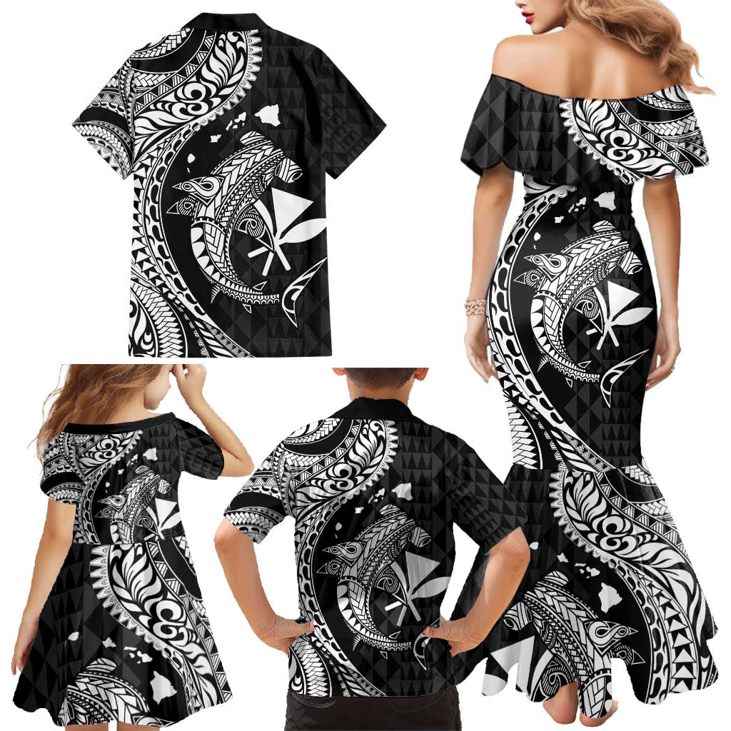 Aloha Hawaii Hammerhead Shark Family Matching Mermaid Dress and Hawaiian Shirt Black Kakau and Polynesian Tattoo LT03