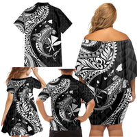 Aloha Hawaii Hammerhead Shark Family Matching Off Shoulder Short Dress and Hawaiian Shirt Black Kakau and Polynesian Tattoo LT03