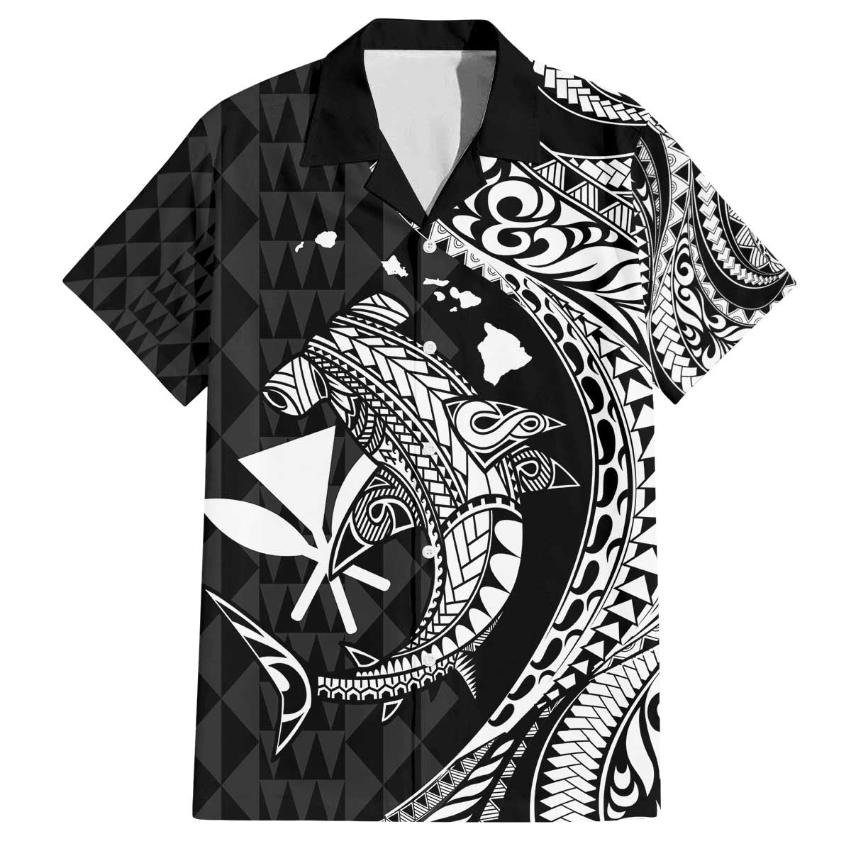Aloha Hawaii Hammerhead Shark Family Matching Off Shoulder Short Dress and Hawaiian Shirt Black Kakau and Polynesian Tattoo LT03