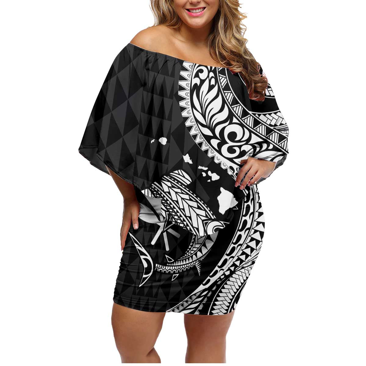Aloha Hawaii Hammerhead Shark Family Matching Off Shoulder Short Dress and Hawaiian Shirt Black Kakau and Polynesian Tattoo LT03