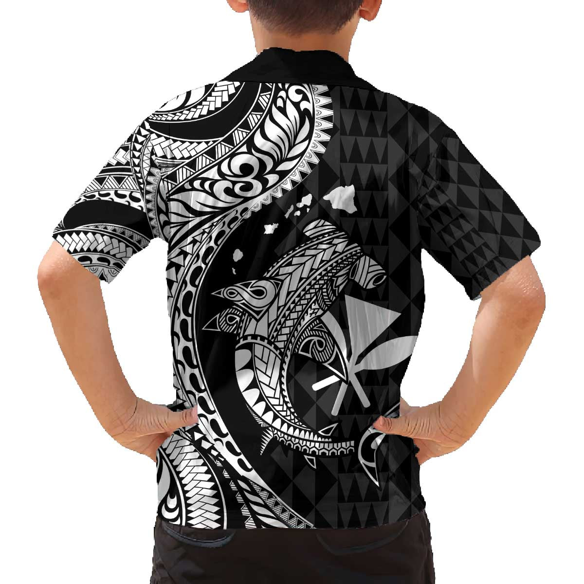 Aloha Hawaii Hammerhead Shark Family Matching Puletasi and Hawaiian Shirt Black Kakau and Polynesian Tattoo LT03 - Polynesian Pride