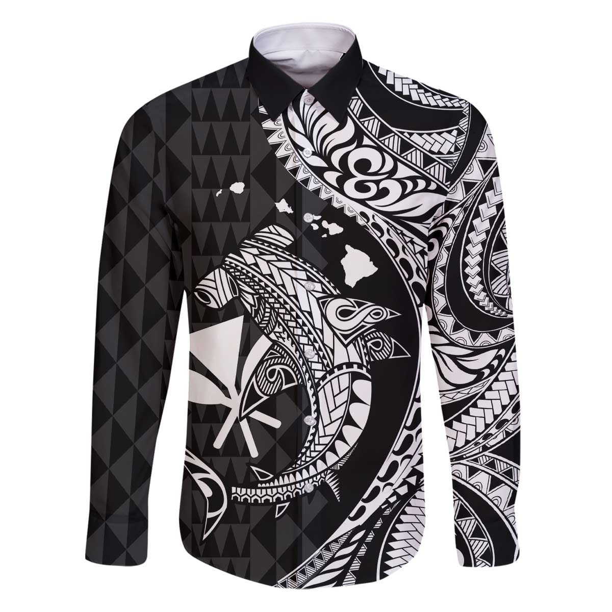 Aloha Hawaii Hammerhead Shark Family Matching Puletasi and Hawaiian Shirt Black Kakau and Polynesian Tattoo LT03 Dad's Shirt - Long Sleeve Black - Polynesian Pride