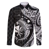 Aloha Hawaii Hammerhead Shark Family Matching Puletasi and Hawaiian Shirt Black Kakau and Polynesian Tattoo LT03 Dad's Shirt - Long Sleeve Black - Polynesian Pride