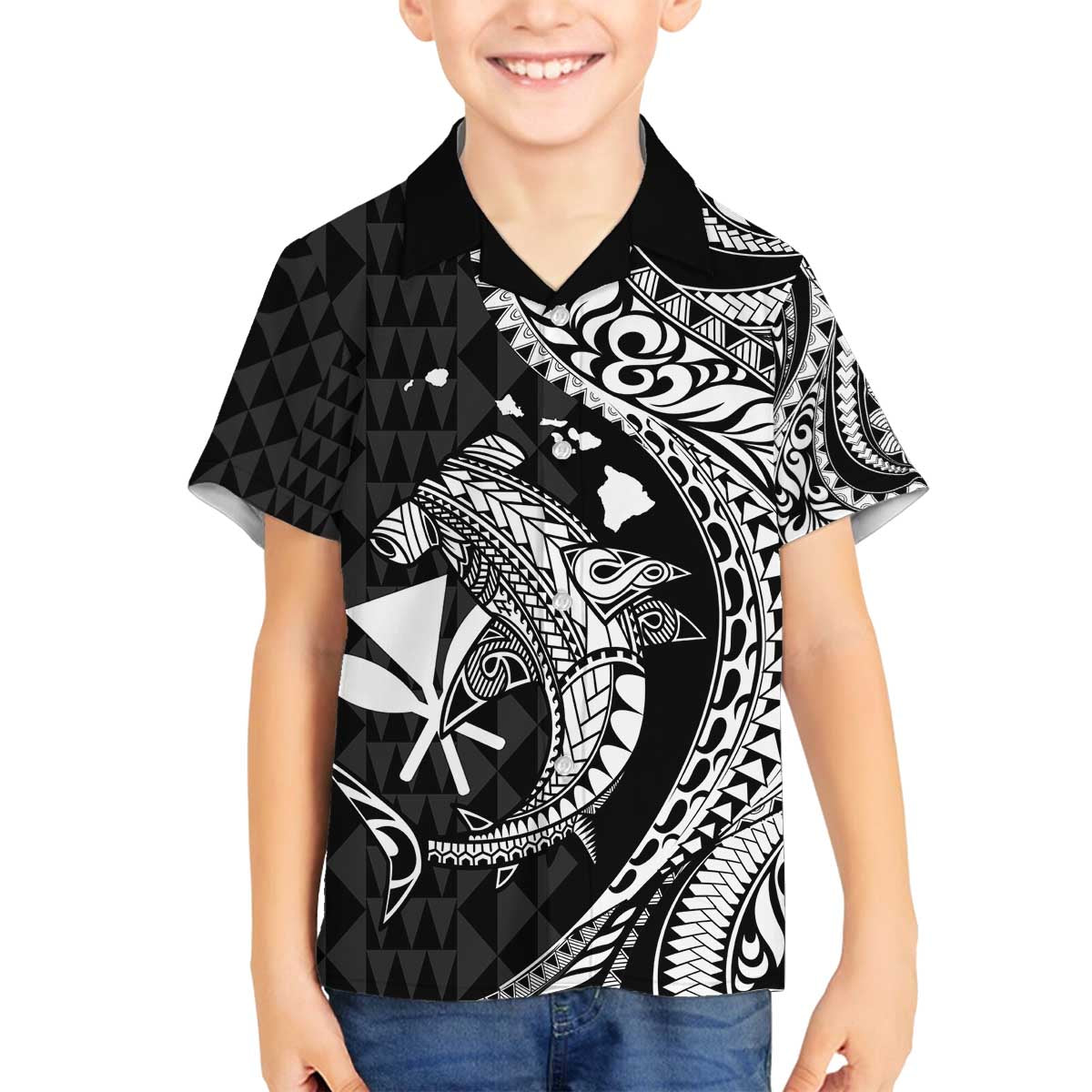 Aloha Hawaii Hammerhead Shark Family Matching Puletasi and Hawaiian Shirt Black Kakau and Polynesian Tattoo LT03 Son's Shirt Black - Polynesian Pride