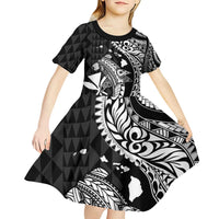 Aloha Hawaii Hammerhead Shark Kid Short Sleeve Dress Black Kakau and Polynesian Tattoo LT03