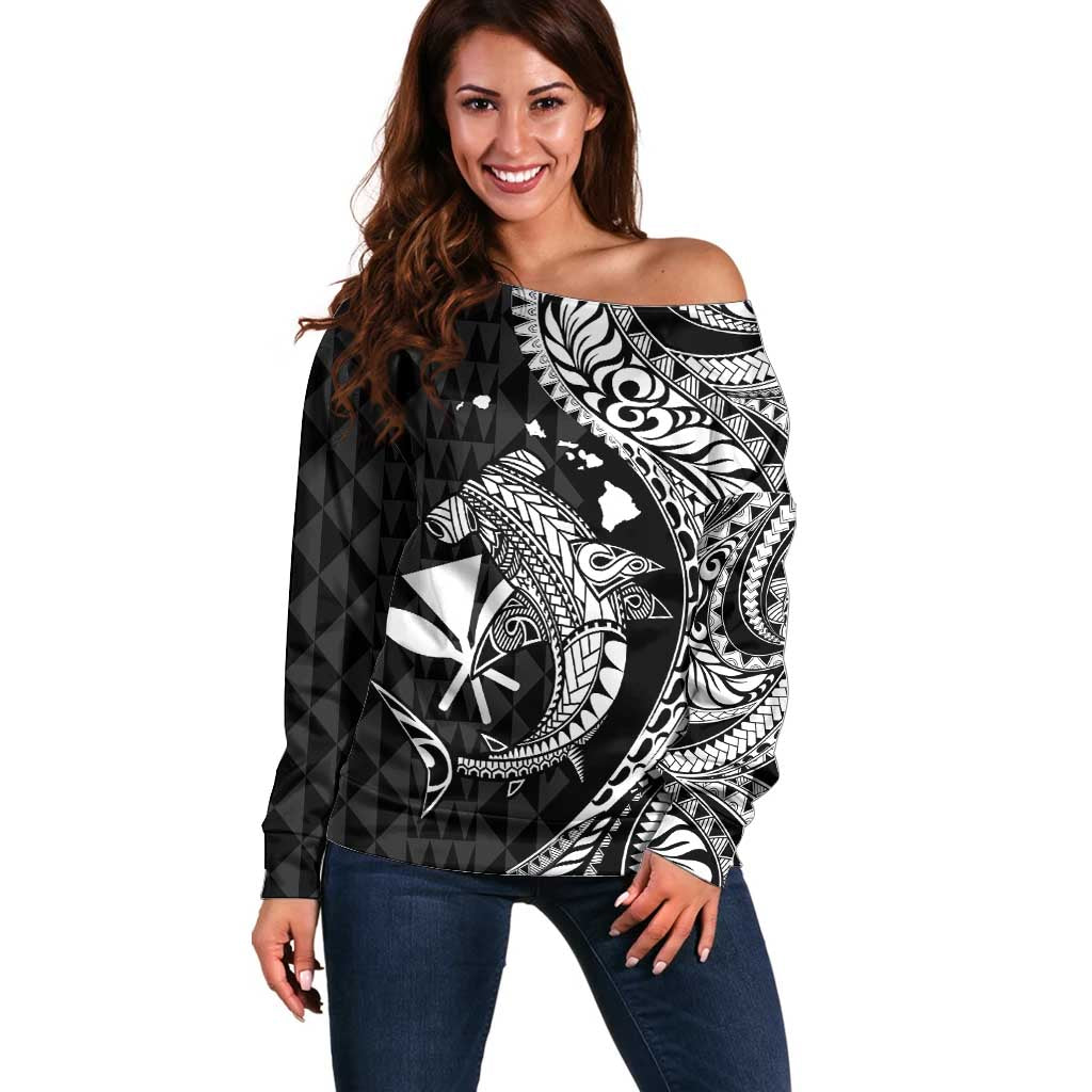 Aloha Hawaii Hammerhead Shark Off Shoulder Sweater Black Kakau and Polynesian Tattoo LT03