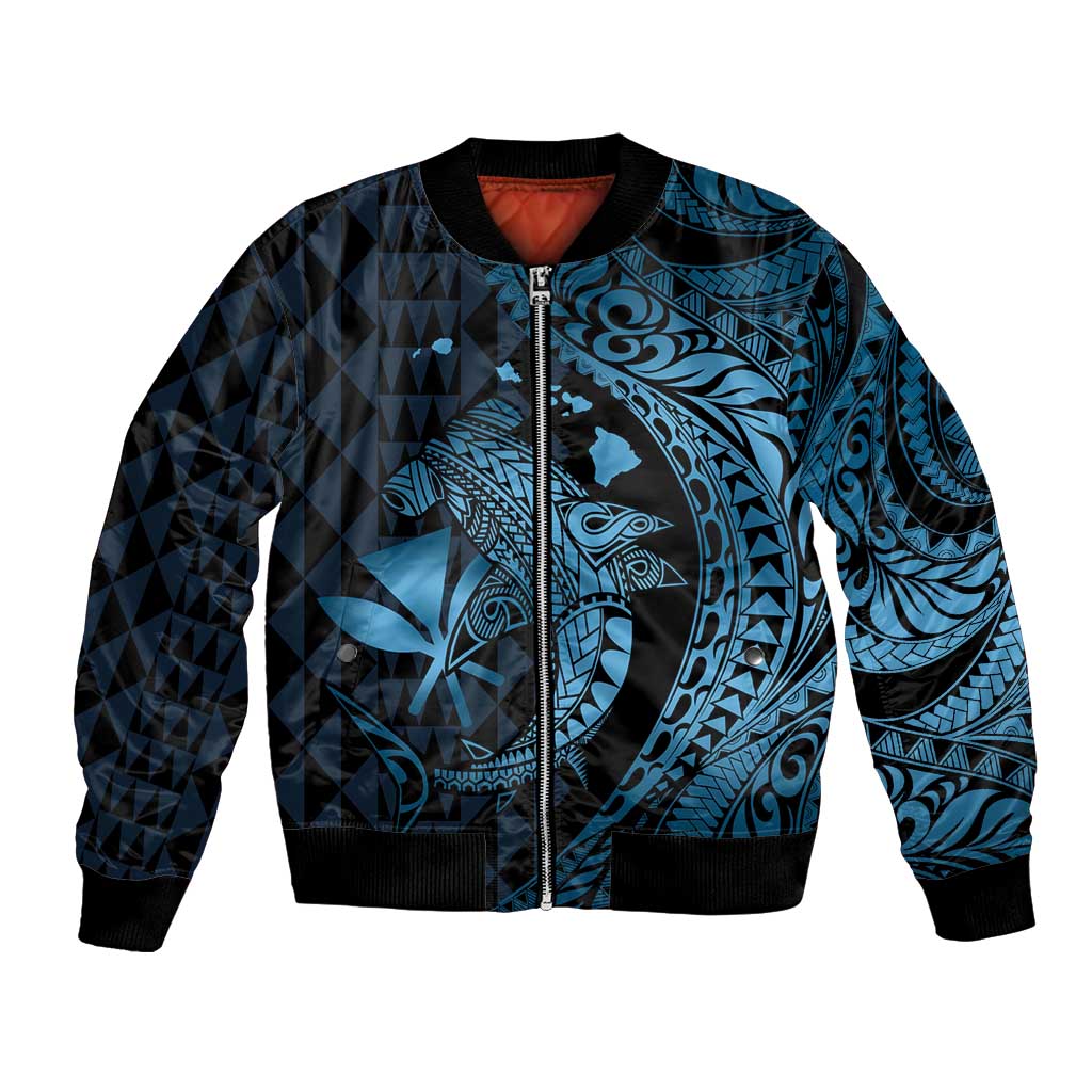 Aloha Hawaii Hammerhead Shark Bomber Jacket Blue Kakau and Polynesian Tattoo LT03