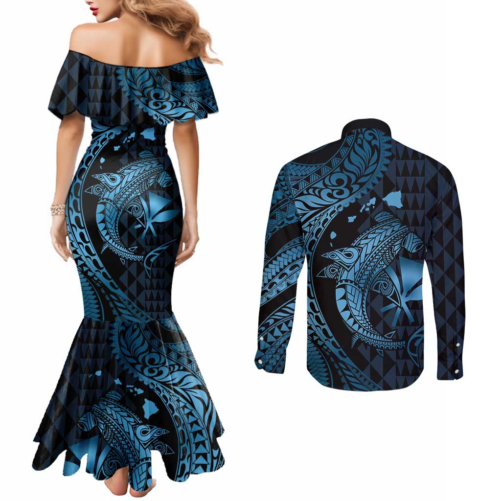 Aloha Hawaii Hammerhead Shark Couples Matching Mermaid Dress and Long Sleeve Button Shirt Blue Kakau and Polynesian Tattoo LT03