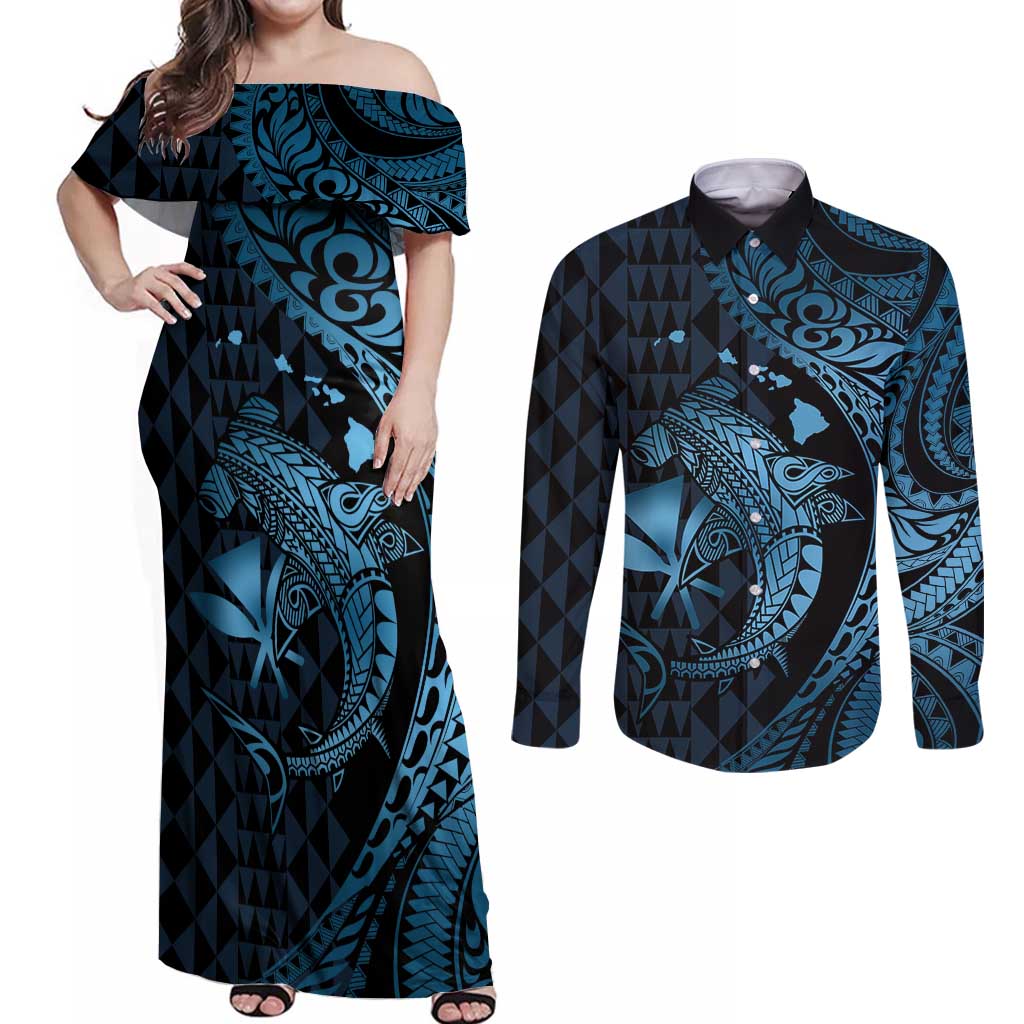 Aloha Hawaii Hammerhead Shark Couples Matching Off Shoulder Maxi Dress and Long Sleeve Button Shirt Blue Kakau and Polynesian Tattoo LT03