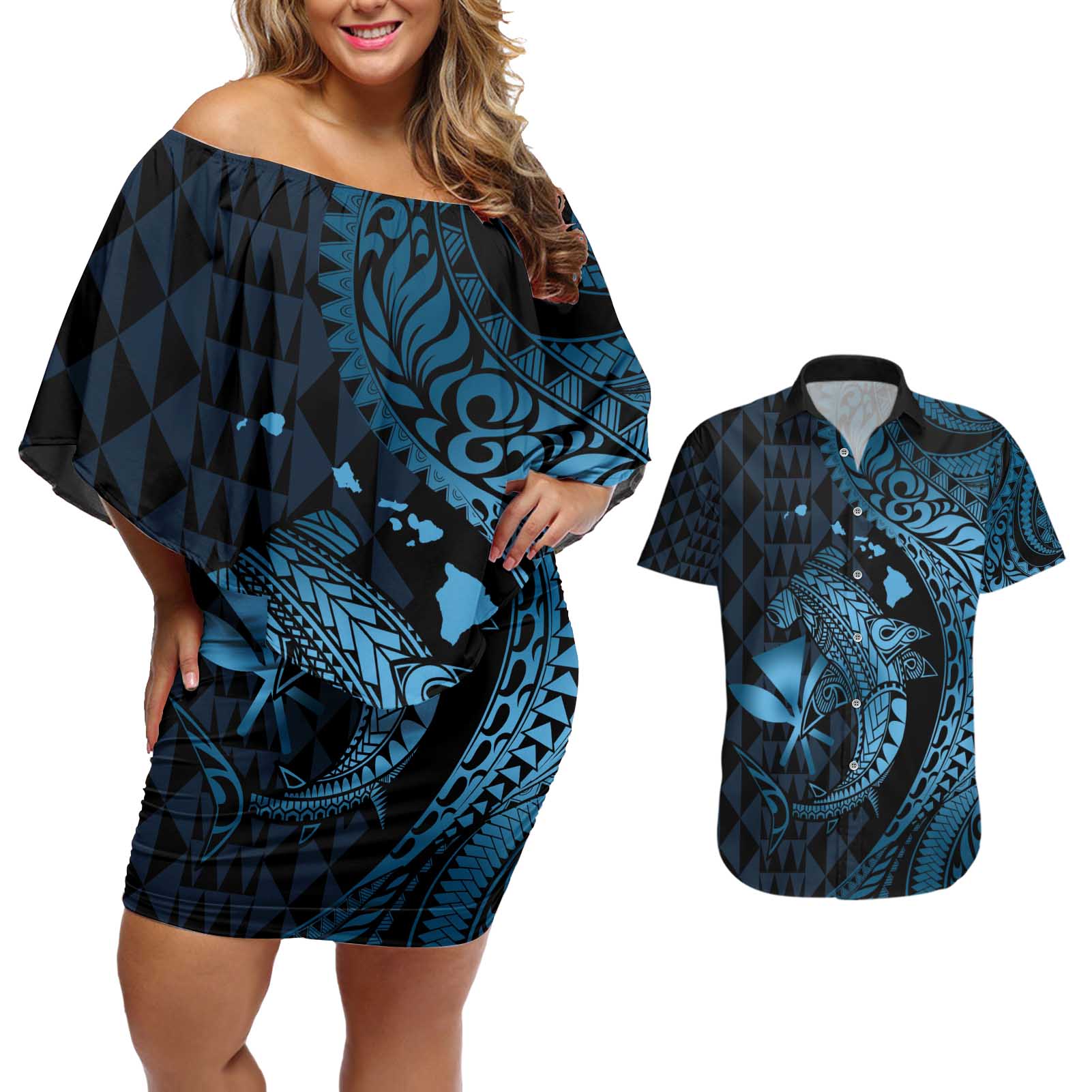 Aloha Hawaii Hammerhead Shark Couples Matching Off Shoulder Short Dress and Hawaiian Shirt Blue Kakau and Polynesian Tattoo LT03