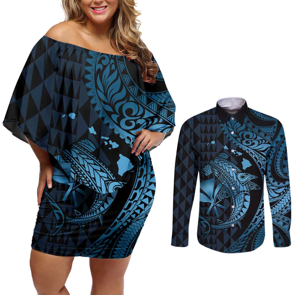 Aloha Hawaii Hammerhead Shark Couples Matching Off Shoulder Short Dress and Long Sleeve Button Shirt Blue Kakau and Polynesian Tattoo LT03
