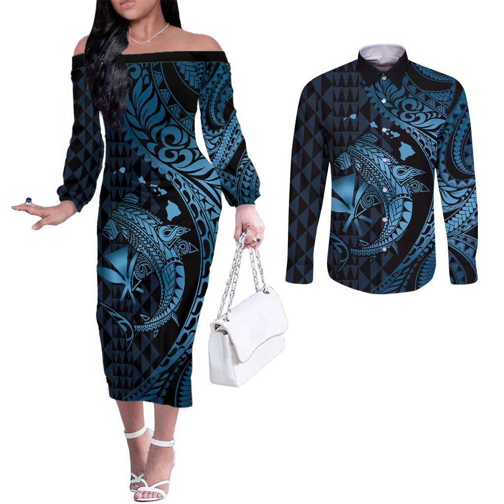 Aloha Hawaii Hammerhead Shark Couples Matching Off The Shoulder Long Sleeve Dress and Long Sleeve Button Shirt Blue Kakau and Polynesian Tattoo LT03