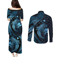 Aloha Hawaii Hammerhead Shark Couples Matching Puletasi and Long Sleeve Button Shirt Blue Kakau and Polynesian Tattoo LT03