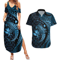 Aloha Hawaii Hammerhead Shark Couples Matching Summer Maxi Dress and Hawaiian Shirt Blue Kakau and Polynesian Tattoo LT03