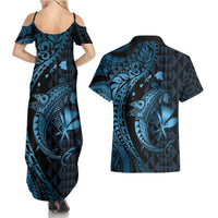 Aloha Hawaii Hammerhead Shark Couples Matching Summer Maxi Dress and Hawaiian Shirt Blue Kakau and Polynesian Tattoo LT03