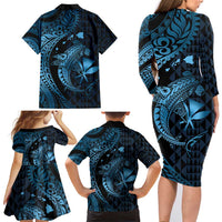 Aloha Hawaii Hammerhead Shark Family Matching Long Sleeve Bodycon Dress and Hawaiian Shirt Blue Kakau and Polynesian Tattoo LT03