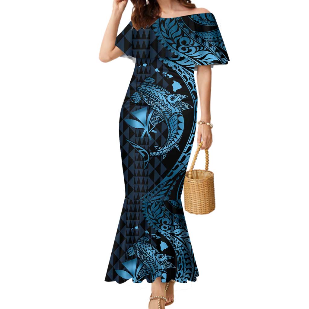 Aloha Hawaii Hammerhead Shark Family Matching Mermaid Dress and Hawaiian Shirt Blue Kakau and Polynesian Tattoo LT03