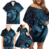 Aloha Hawaii Hammerhead Shark Family Matching Off Shoulder Short Dress and Hawaiian Shirt Blue Kakau and Polynesian Tattoo LT03