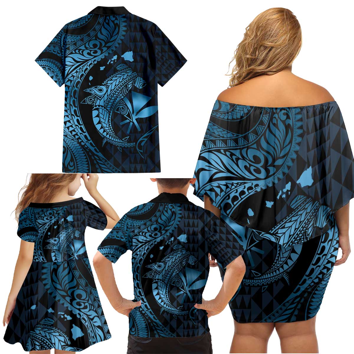 Aloha Hawaii Hammerhead Shark Family Matching Off Shoulder Short Dress and Hawaiian Shirt Blue Kakau and Polynesian Tattoo LT03