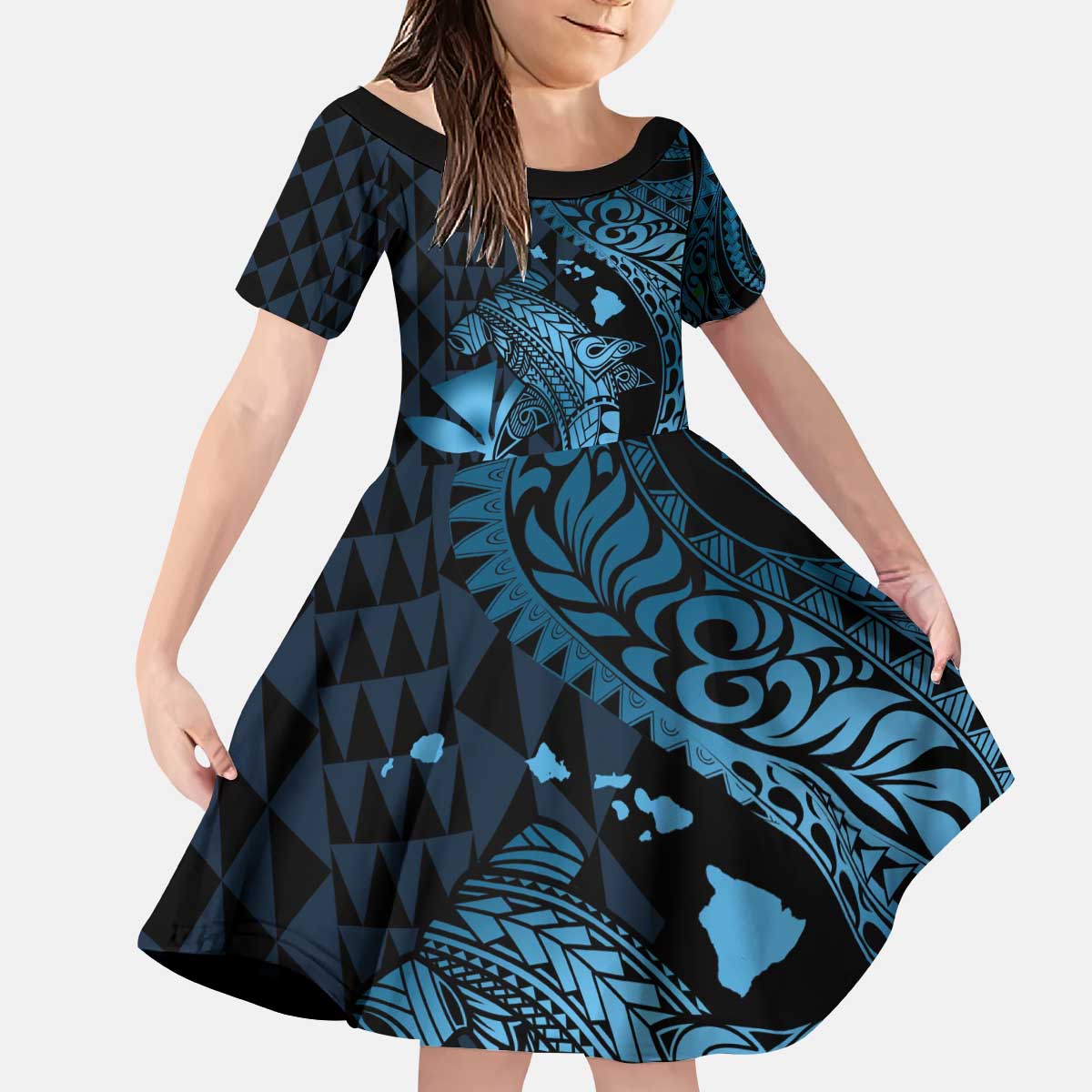 Aloha Hawaii Hammerhead Shark Family Matching Puletasi and Hawaiian Shirt Blue Kakau and Polynesian Tattoo LT03 Daughter's Dress Blue - Polynesian Pride