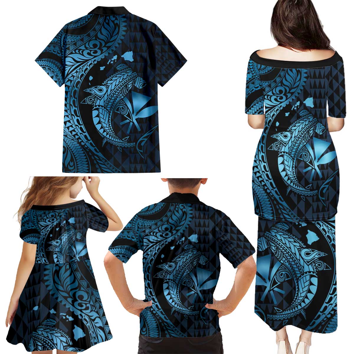 Aloha Hawaii Hammerhead Shark Family Matching Puletasi and Hawaiian Shirt Blue Kakau and Polynesian Tattoo LT03 - Polynesian Pride