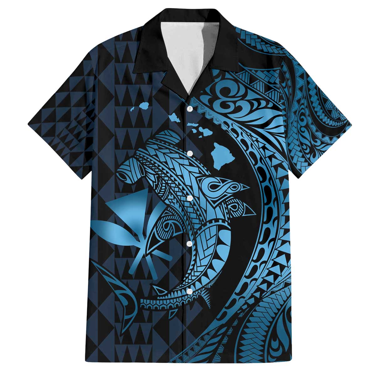 Aloha Hawaii Hammerhead Shark Family Matching Puletasi and Hawaiian Shirt Blue Kakau and Polynesian Tattoo LT03 Dad's Shirt - Short Sleeve Blue - Polynesian Pride