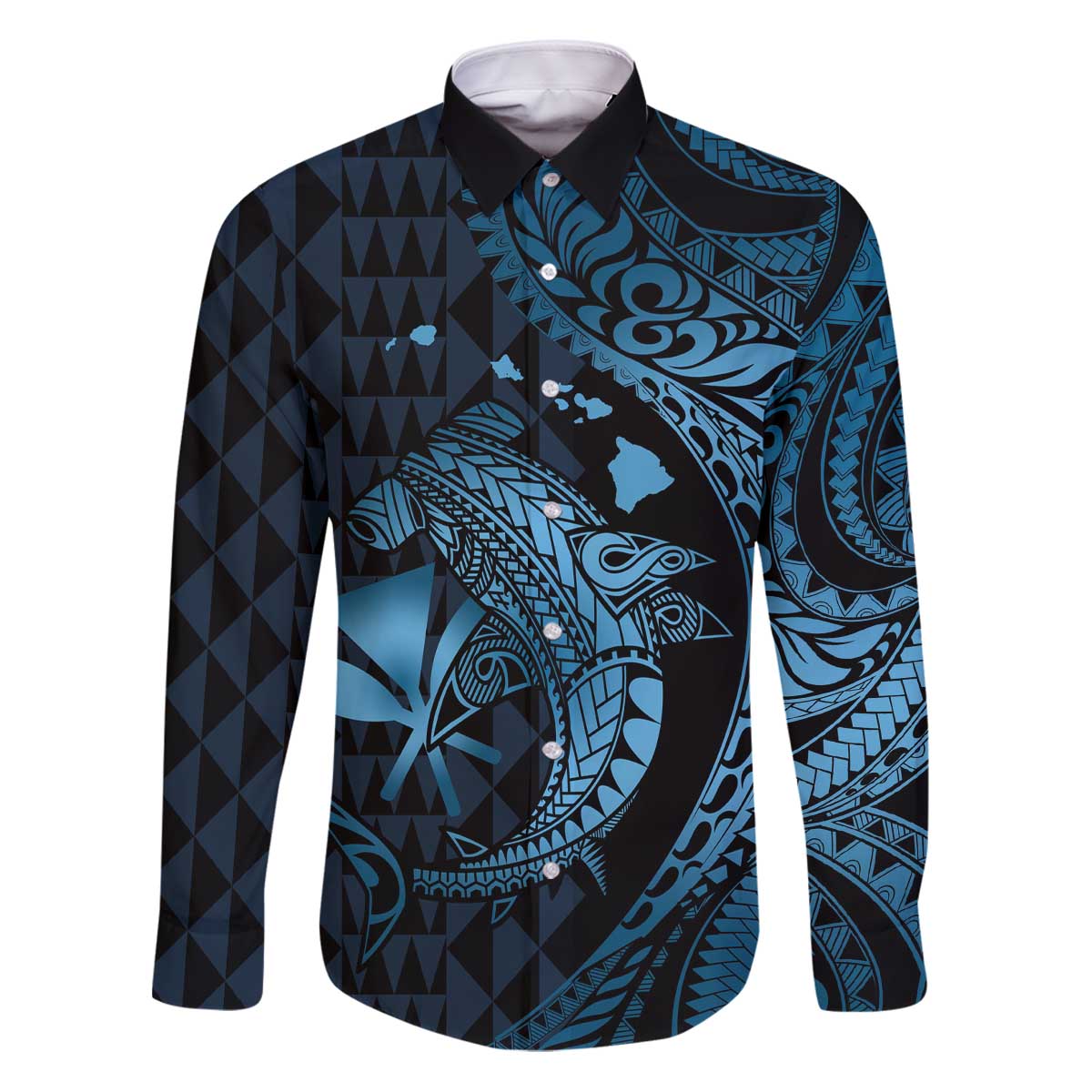 Aloha Hawaii Hammerhead Shark Family Matching Puletasi and Hawaiian Shirt Blue Kakau and Polynesian Tattoo LT03 Dad's Shirt - Long Sleeve Blue - Polynesian Pride