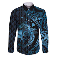 Aloha Hawaii Hammerhead Shark Family Matching Puletasi and Hawaiian Shirt Blue Kakau and Polynesian Tattoo LT03 Dad's Shirt - Long Sleeve Blue - Polynesian Pride