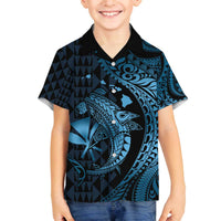 Aloha Hawaii Hammerhead Shark Family Matching Puletasi and Hawaiian Shirt Blue Kakau and Polynesian Tattoo LT03 Son's Shirt Blue - Polynesian Pride