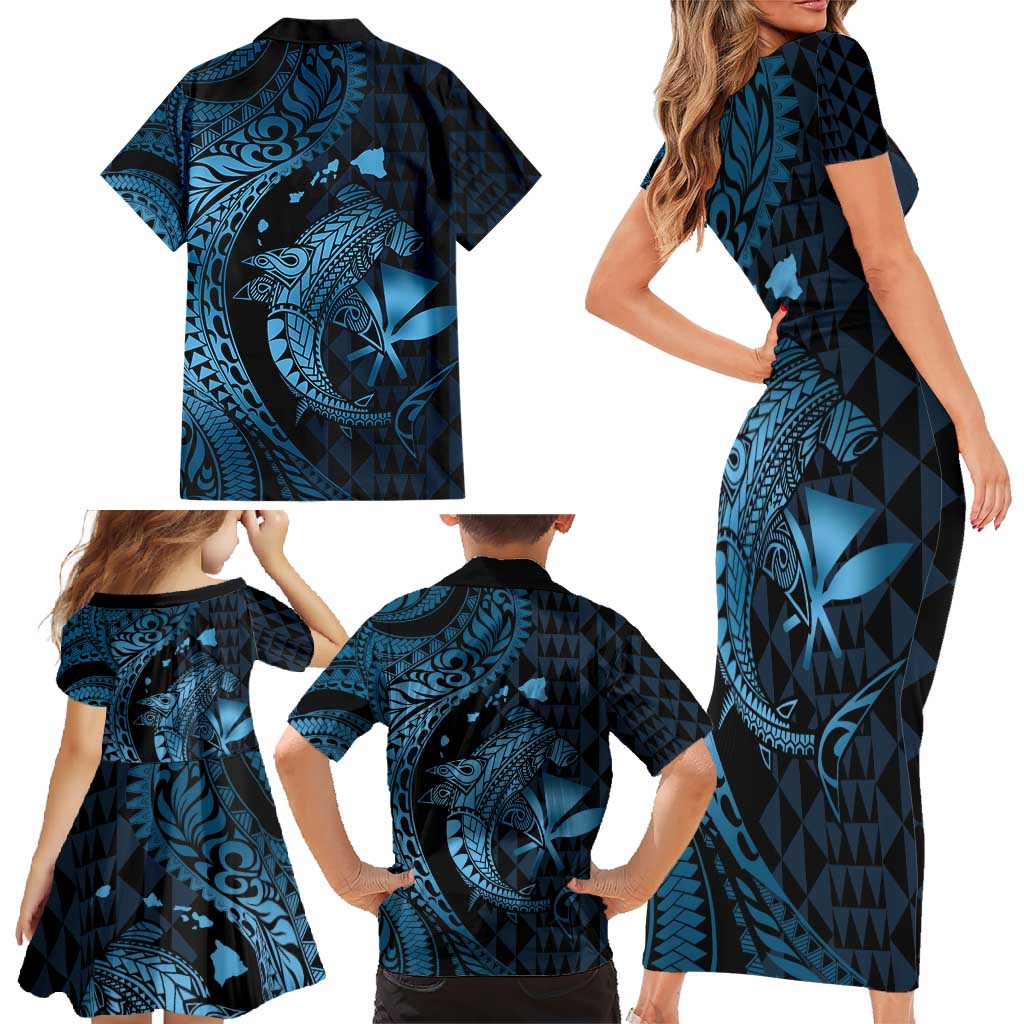 Aloha Hawaii Hammerhead Shark Family Matching Short Sleeve Bodycon Dress and Hawaiian Shirt Blue Kakau and Polynesian Tattoo LT03