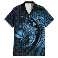 Aloha Hawaii Hammerhead Shark Family Matching Short Sleeve Bodycon Dress and Hawaiian Shirt Blue Kakau and Polynesian Tattoo LT03