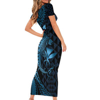 Aloha Hawaii Hammerhead Shark Family Matching Short Sleeve Bodycon Dress and Hawaiian Shirt Blue Kakau and Polynesian Tattoo LT03