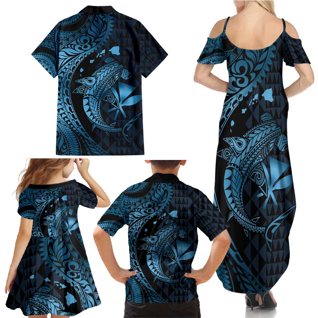 Aloha Hawaii Hammerhead Shark Family Matching Summer Maxi Dress and Hawaiian Shirt Blue Kakau and Polynesian Tattoo LT03