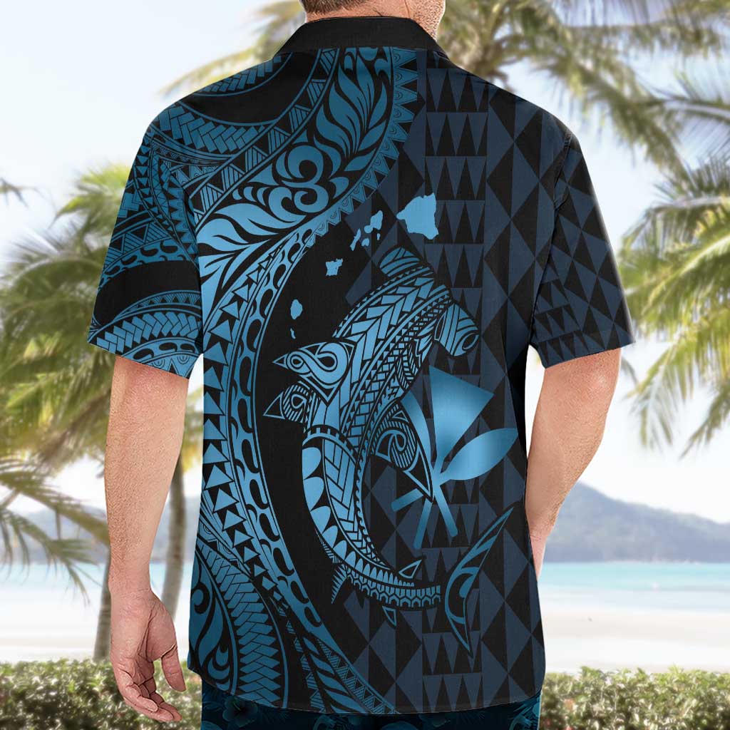 Aloha Hawaii Hammerhead Shark Hawaiian Shirt Blue Kakau and Polynesian Tattoo LT03