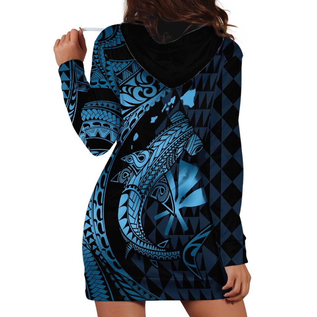 Aloha Hawaii Hammerhead Shark Hoodie Dress Blue Kakau and Polynesian Tattoo LT03