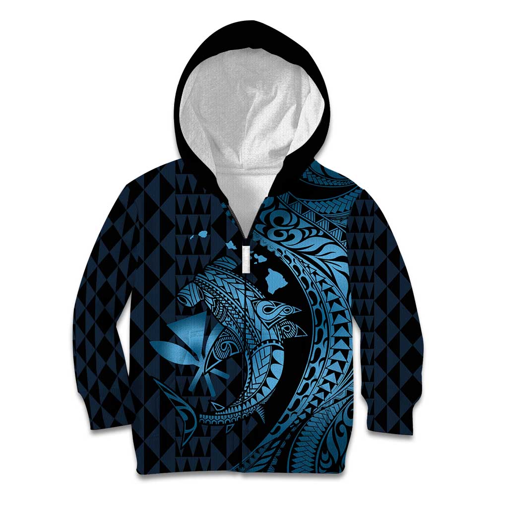Aloha Hawaii Hammerhead Shark Kid Hoodie Blue Kakau and Polynesian Tattoo LT03