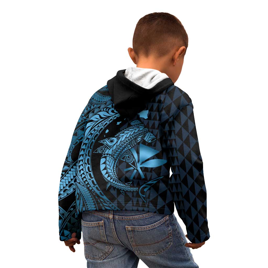 Aloha Hawaii Hammerhead Shark Kid Hoodie Blue Kakau and Polynesian Tattoo LT03