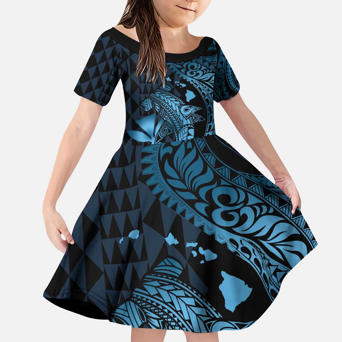 Aloha Hawaii Hammerhead Shark Kid Short Sleeve Dress Blue Kakau and Polynesian Tattoo LT03